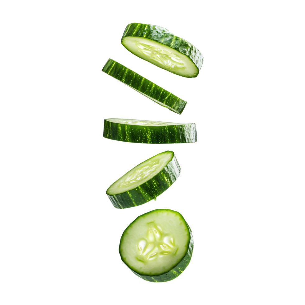 Slices cucumber falling mid air isolated on transparent background png