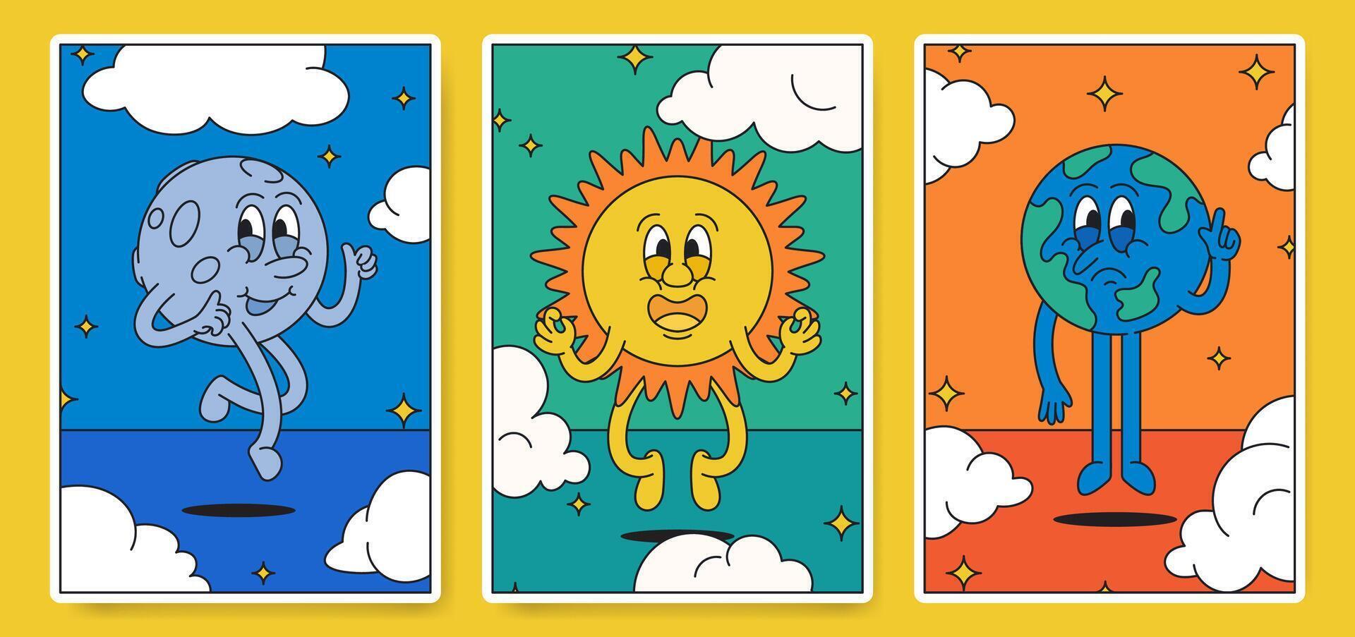 Cartoon retro vintage character of planet from sun, moon and earth with joy and fun expression vector