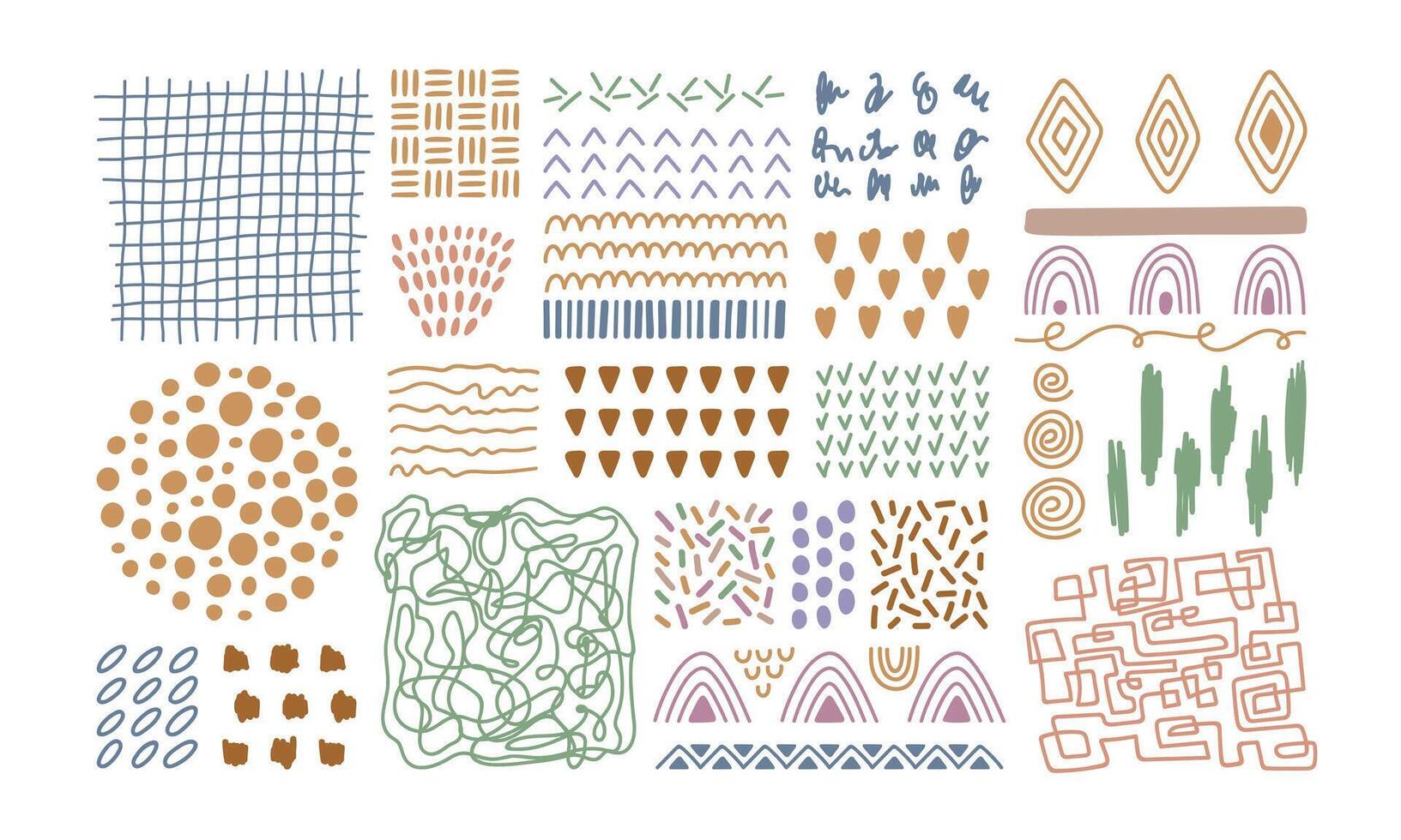 Abstract hand drawn textures collection. Different fluid shapes, pattern, brush strokes, lines, smears, waves and elements. vector