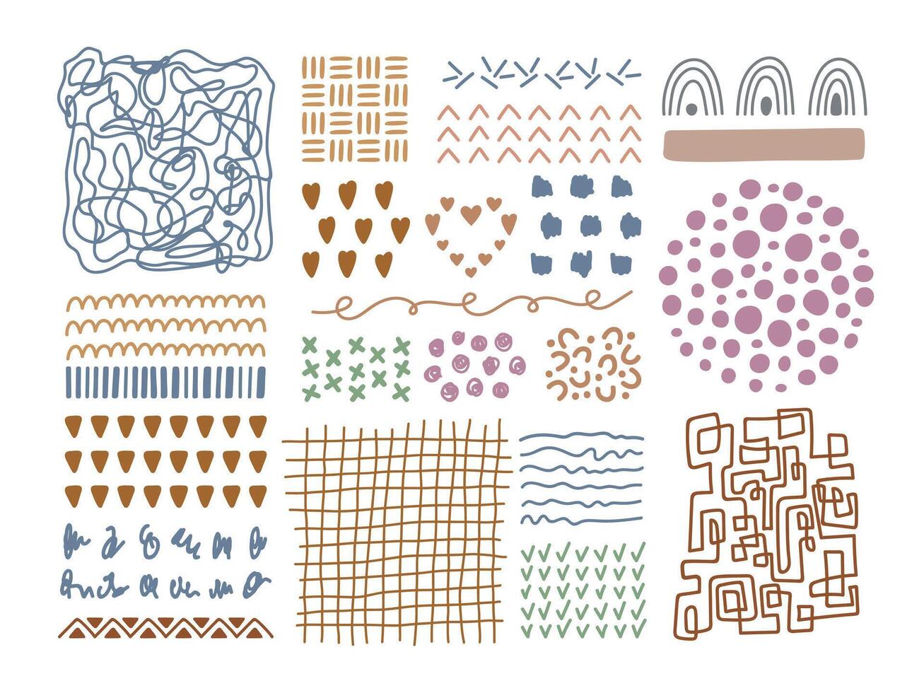 Abstract hand drawn textures pastel color collection. Different fluid shapes, pattern, brush strokes, lines, smears, waves and elements. vector