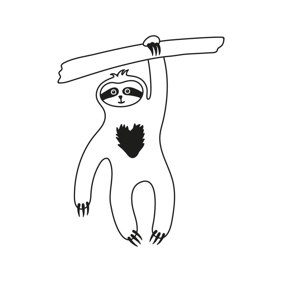 Funny sloth hanging on one paw on tree branch doodle. Hand drawn playful tropical bear character in wild vector