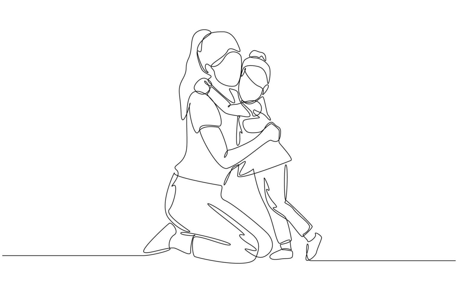 Continuous one line drawing of mom and little daughter hugging each other tightly, bond between mother and daughter, happy parenting concept, single line art vector
