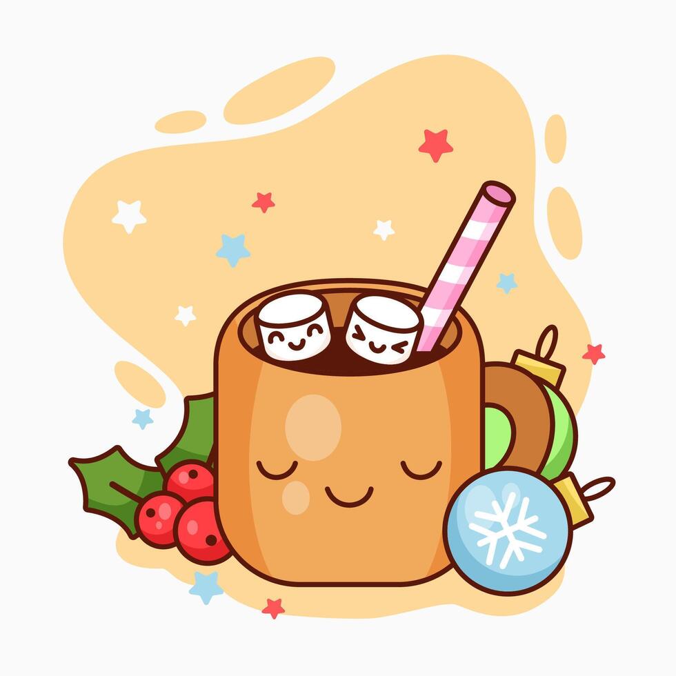 Glass of cocoa with sweets in kawaii style vector