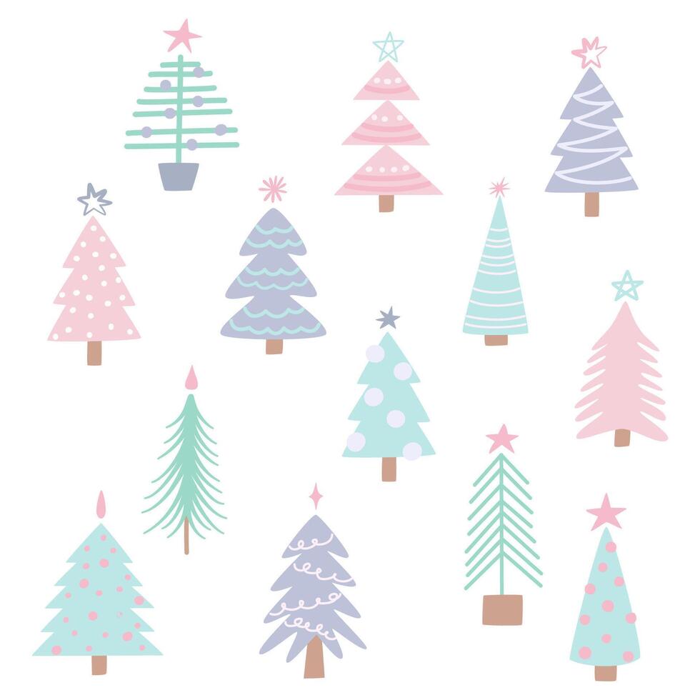 Set of Christmas trees in flat style, hand drawn, isolated on transparent background vector