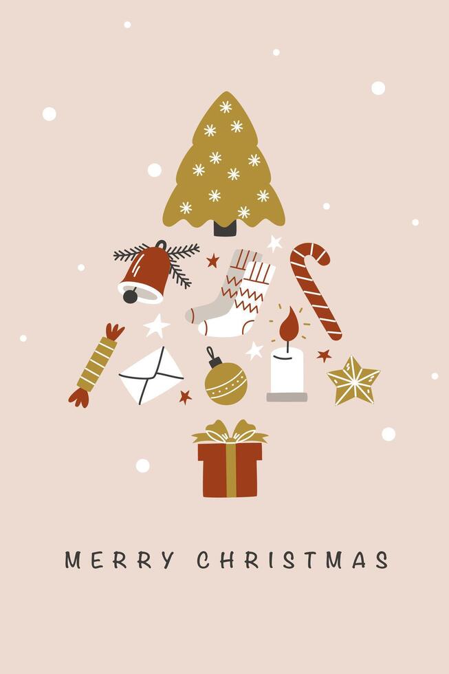 Abstract Christmas tree made from hand drawn elements on a beige background graphic illustration. Merry Christmas greeting card template vector