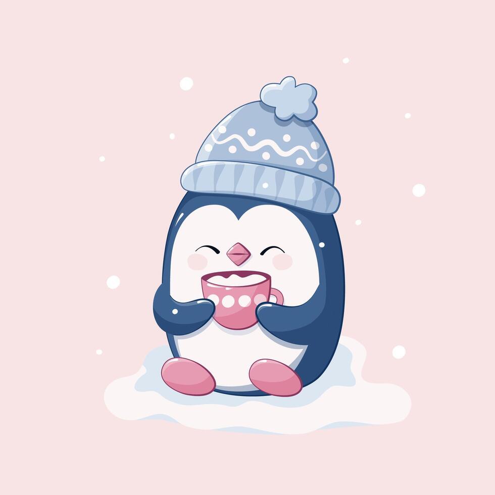 Character of a cute penguin holding a pink cup of coffee. Winter illustration vector