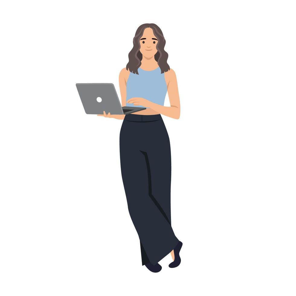 Young casual woman standing smiling and holding a laptop computer. vector