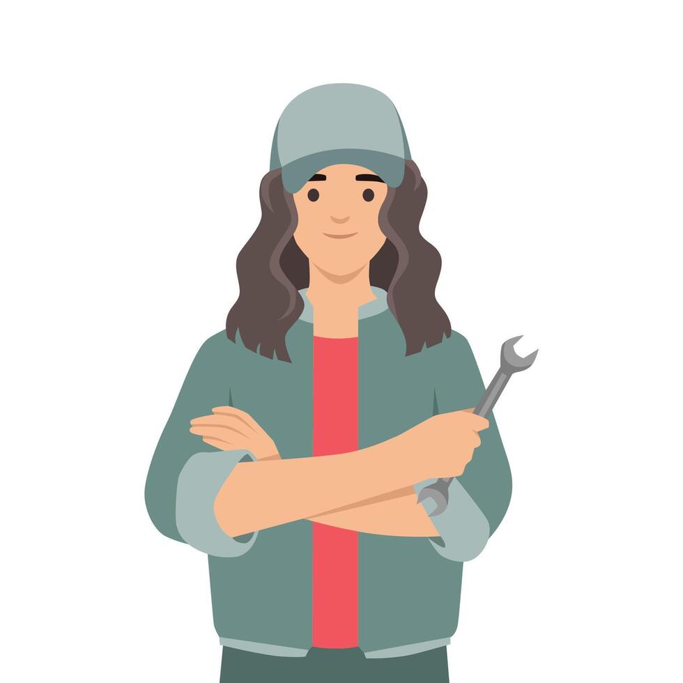Young woman mechanic holding a spanner. vector