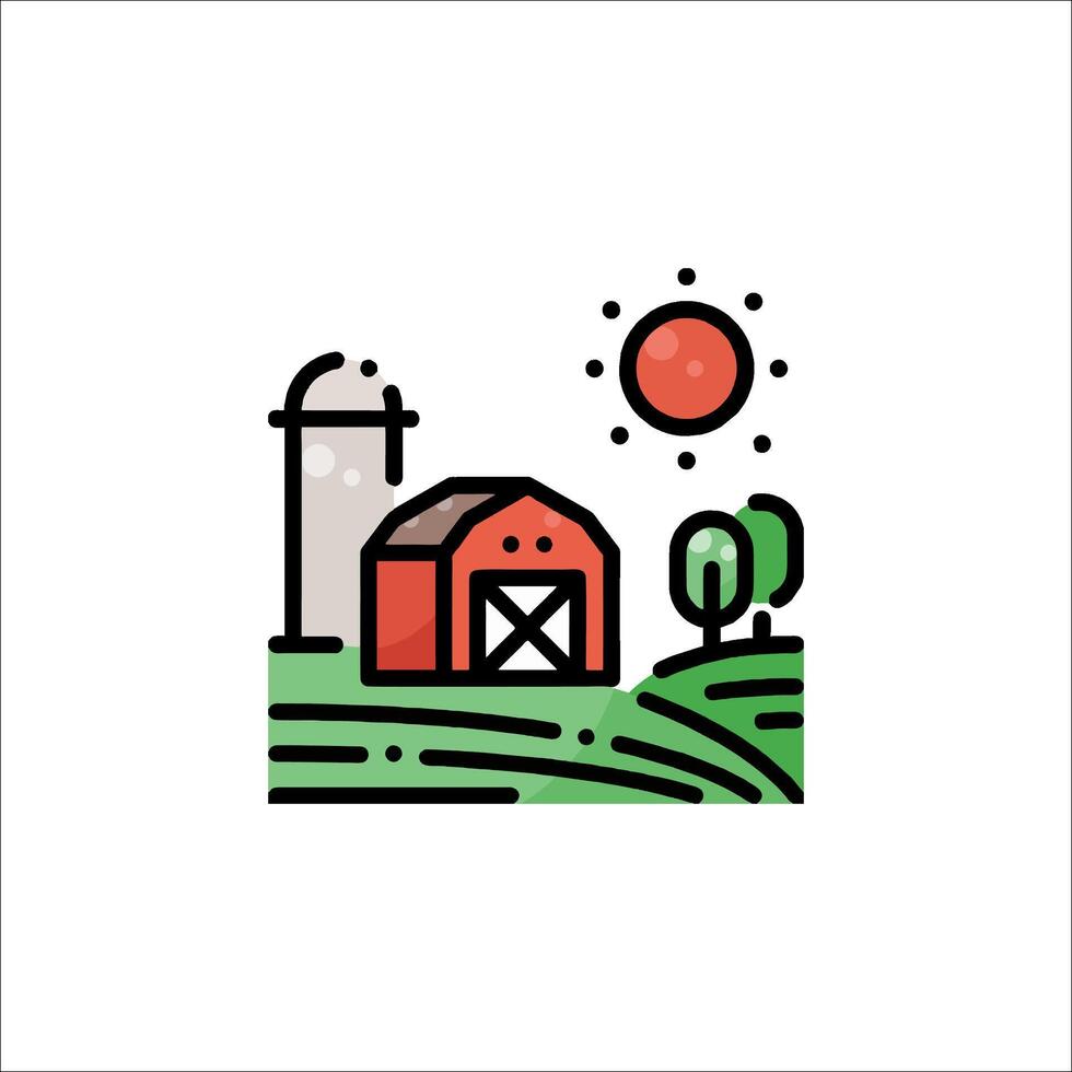 A farm with a barn and sun in the background vector