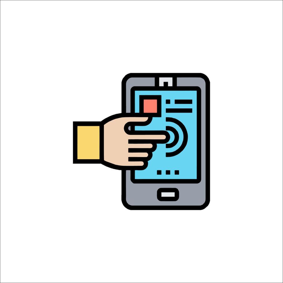 A hand pressing a button on a smartphone vector
