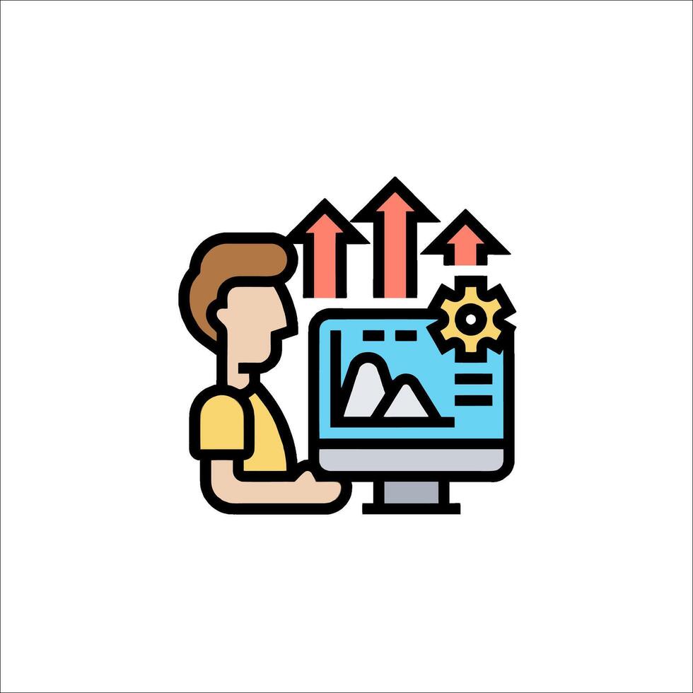 A man is working on a computer with an arrow pointing up vector
