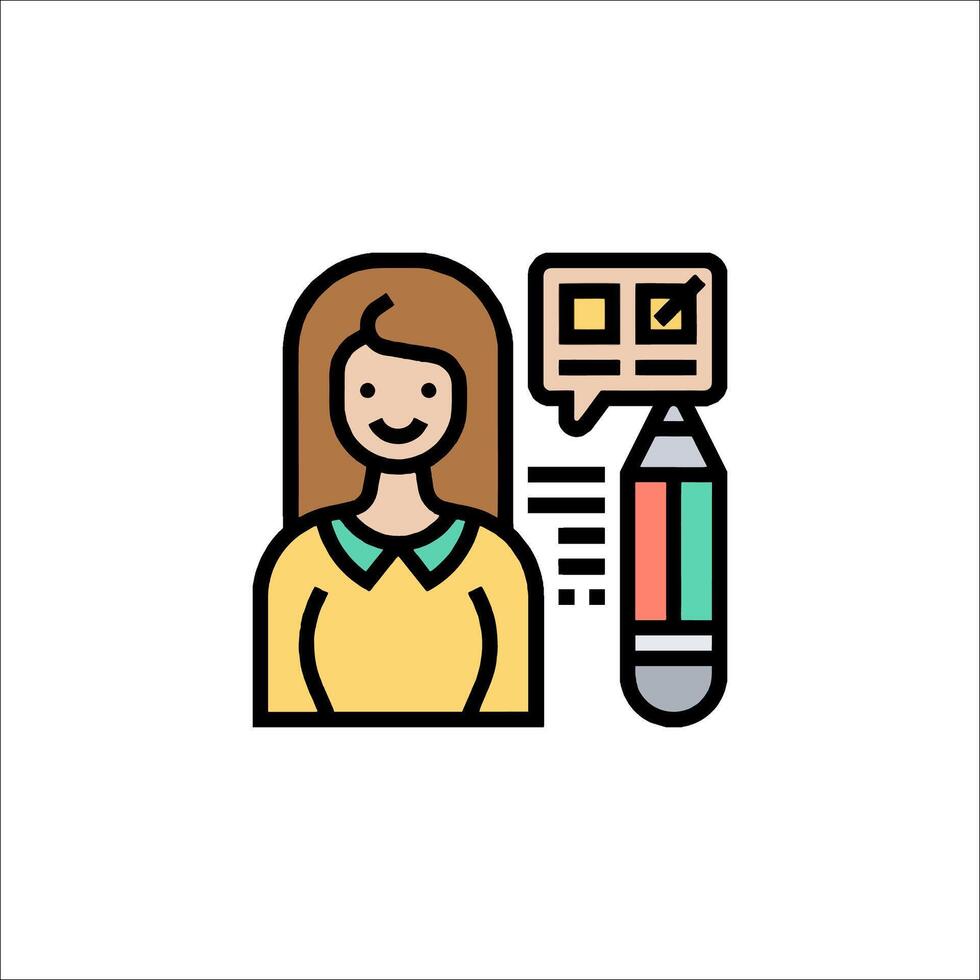 A woman with a pencil and a pen icon vector