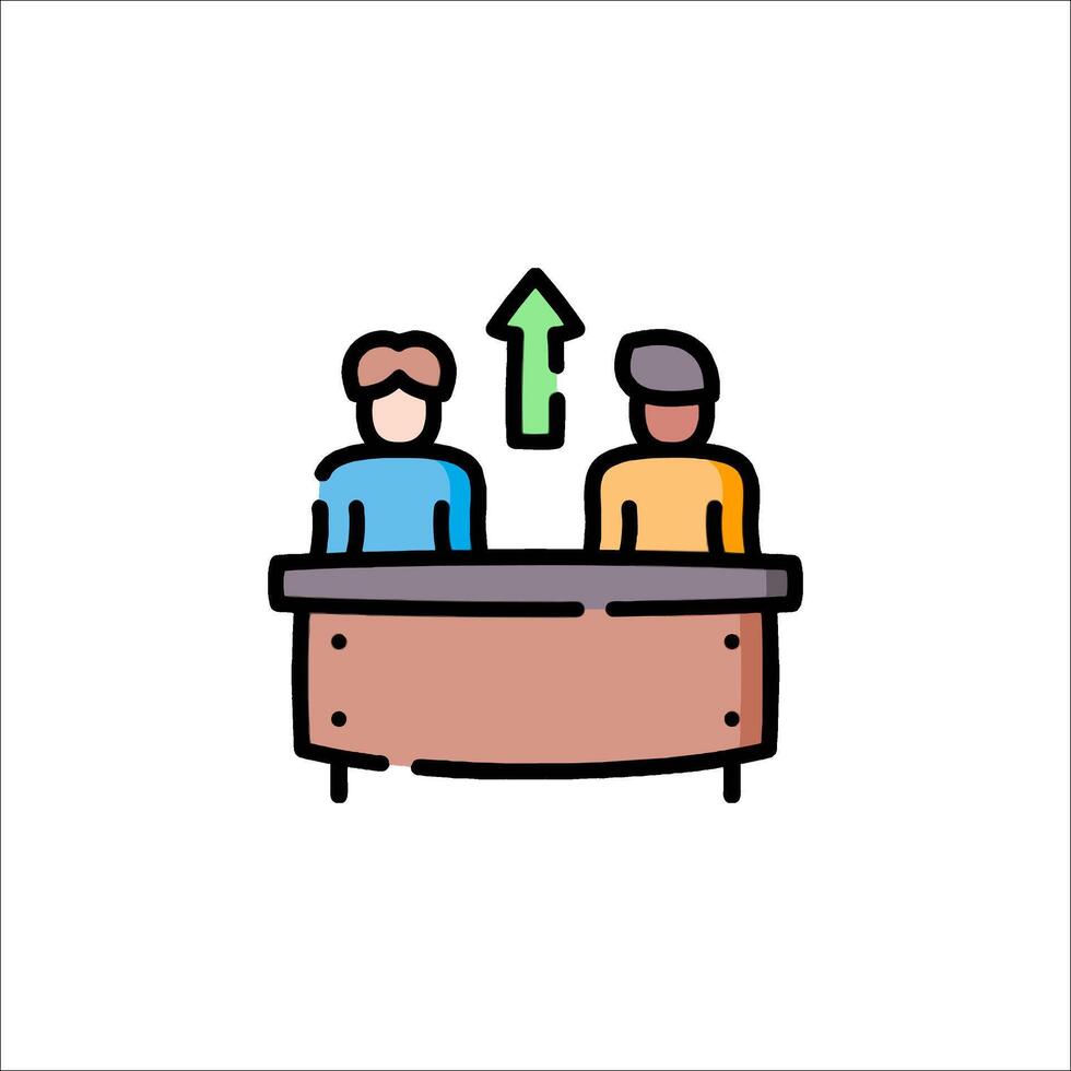 Two people sitting at a table with an arrow pointing up vector