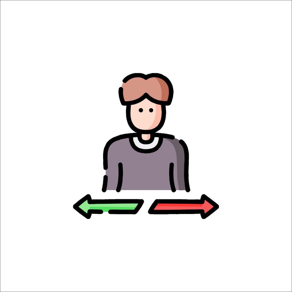 A man is standing in front of a green arrow pointing to the left vector