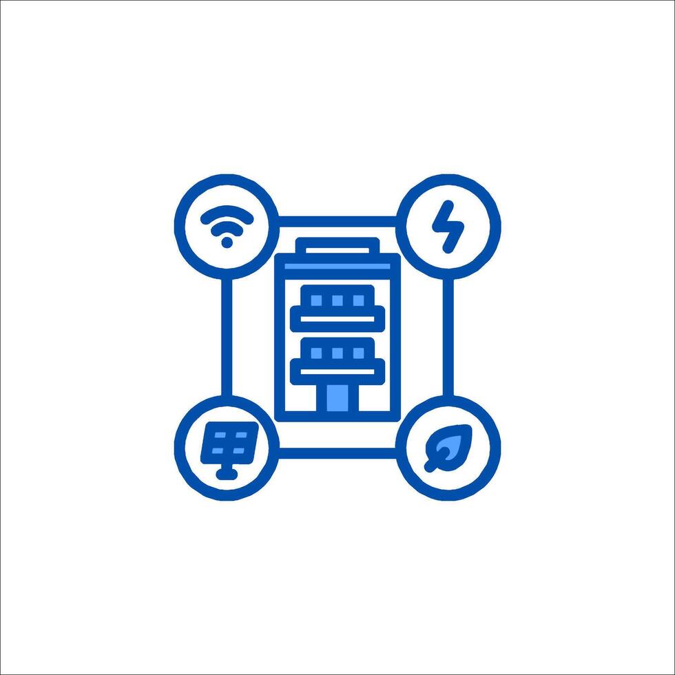 A blue icon of a computer, with a power source and a lightning bolt vector