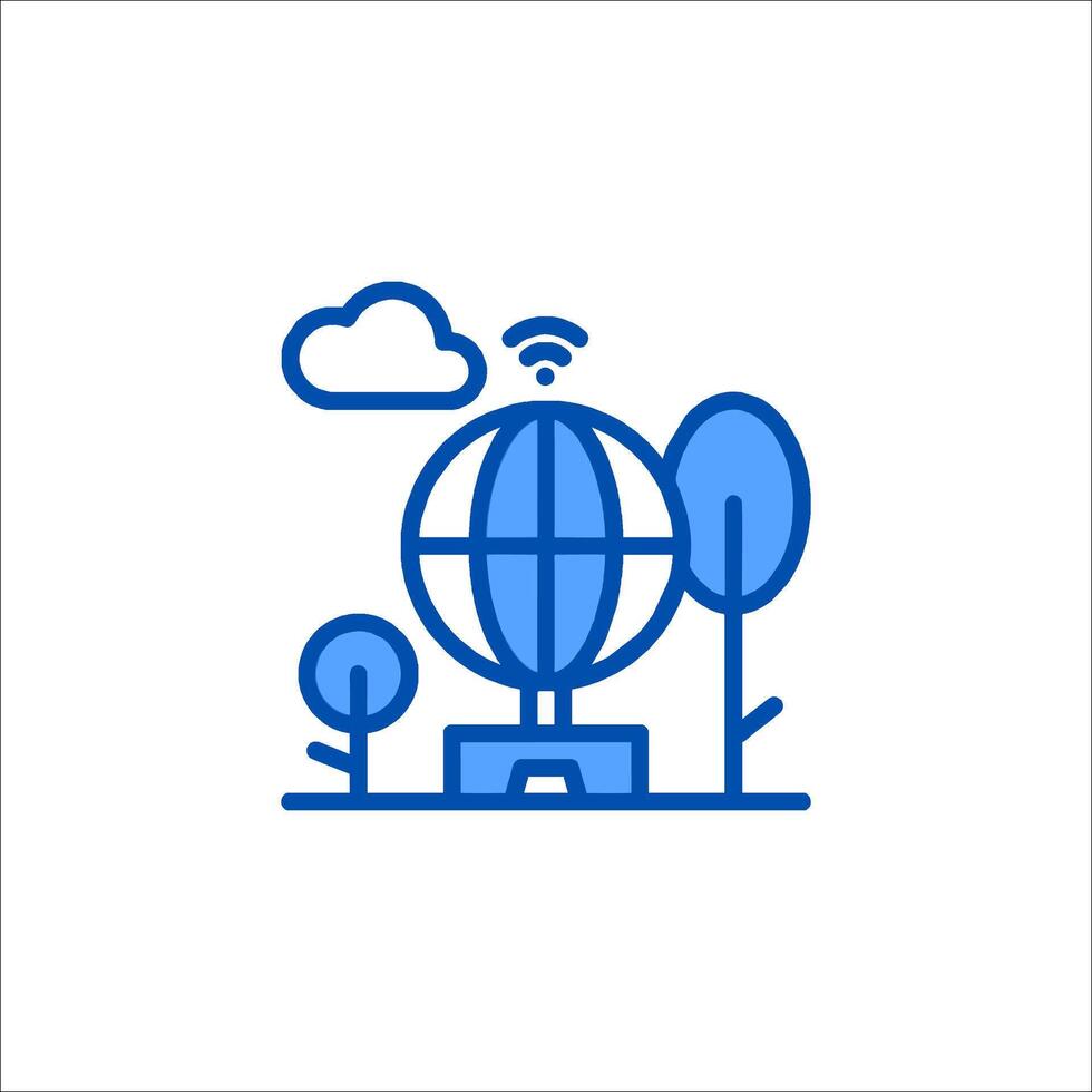 A blue line icon of a globe with a cloud vector