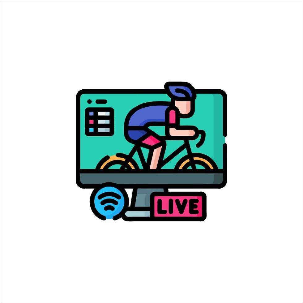 A man on a bike is shown on a monitor with a live icon vector