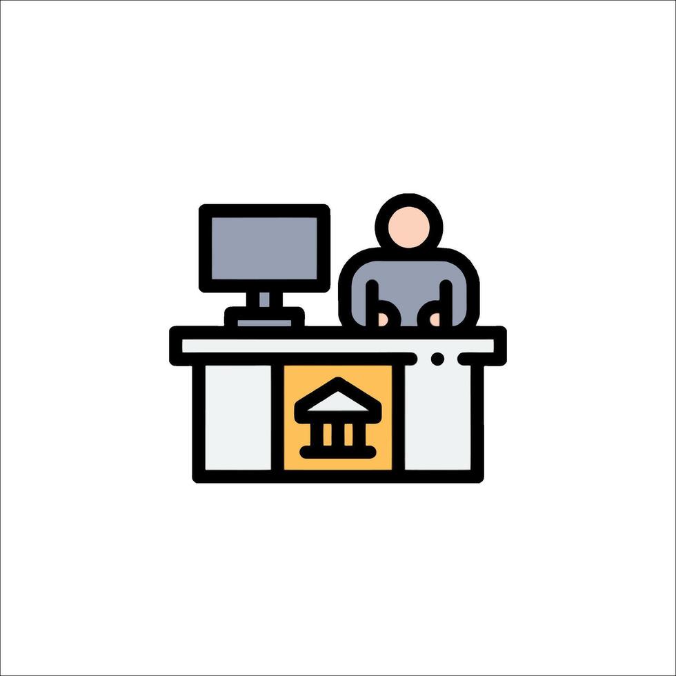 A man at a desk with a computer and a bank sign vector