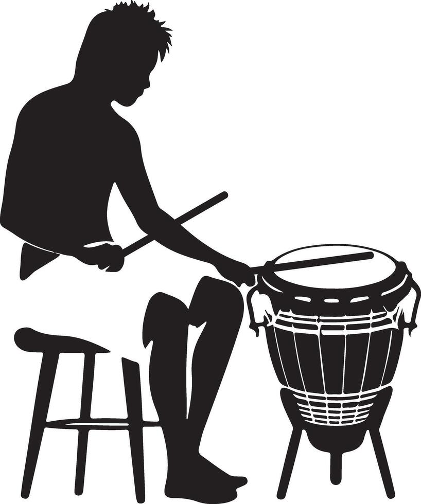 A sleek and artistic silhouette illustration of a minimalist bongo drum performer, capturing the essence of rhythm and movement with clean, simple lines. vector