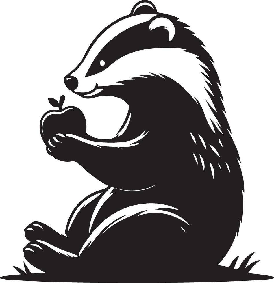 Badger Eating an Apple Silhouette Design ,A creative and minimalist illustration showcasing the silhouette of a badger enjoying an apple, perfect for logos, prints, or artistic projects. vector