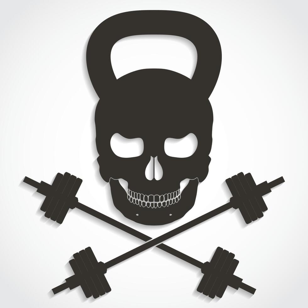 3d kettle bell skull with crossed barbells vector