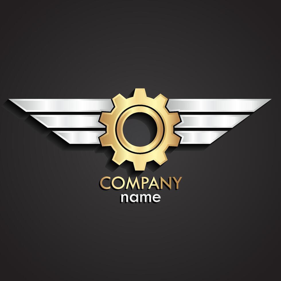 3d gold gear with silver wings logo vector