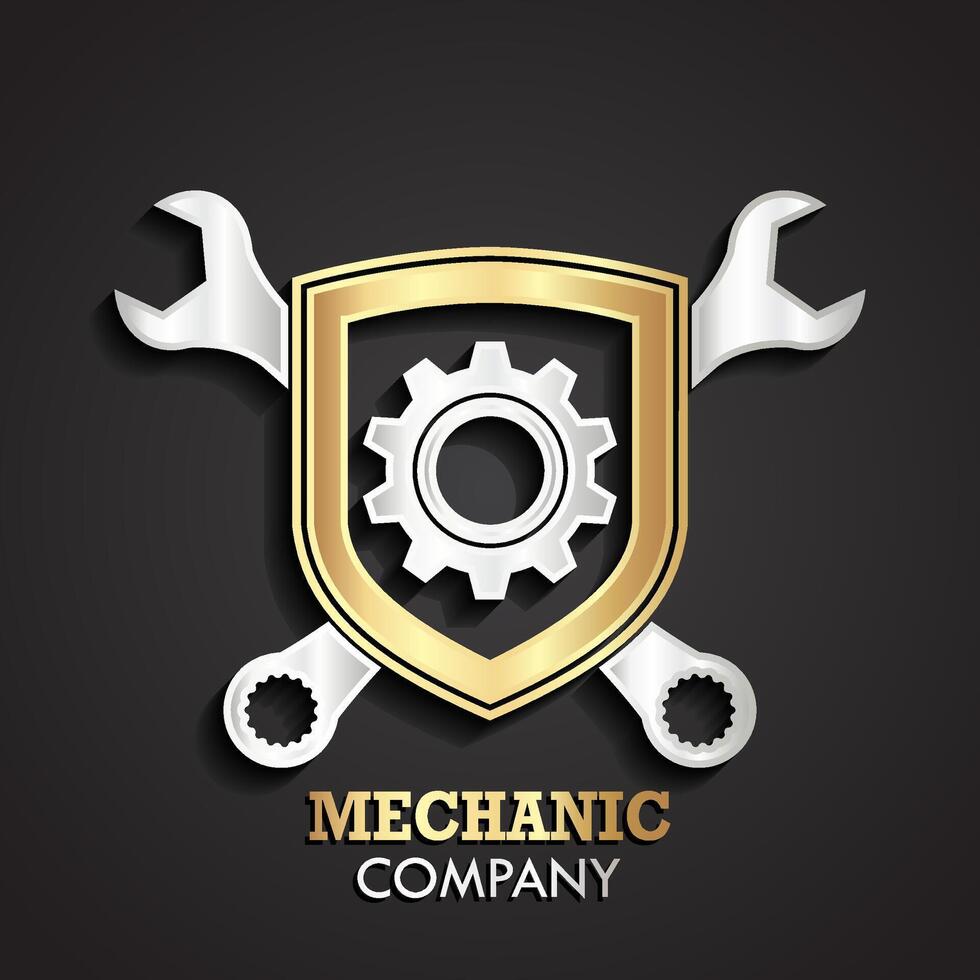 3d silver gold mechanic theme logo with shield gear and wrench vector