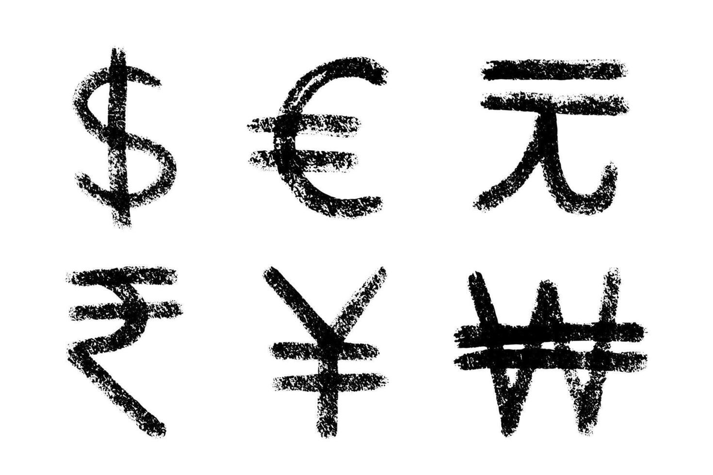 Hand drawn multiple currencies symbol set Dollar euro yuan yen won rupee vector