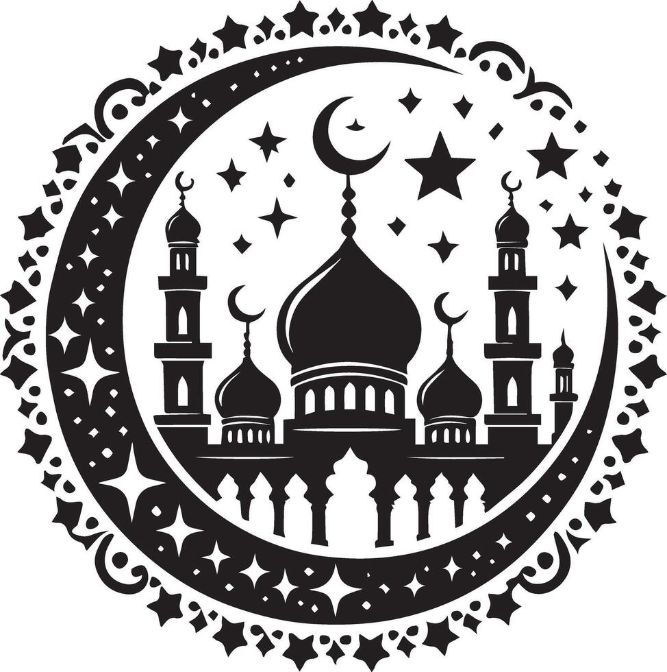 A mosque silhouette framed by a crescent moon and stars vector