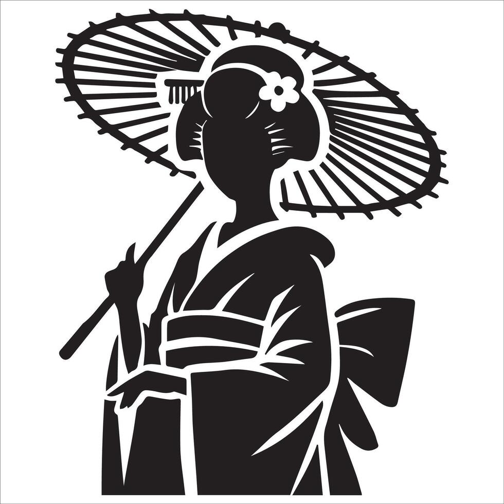 a black and white image of a woman in a kimono. vector