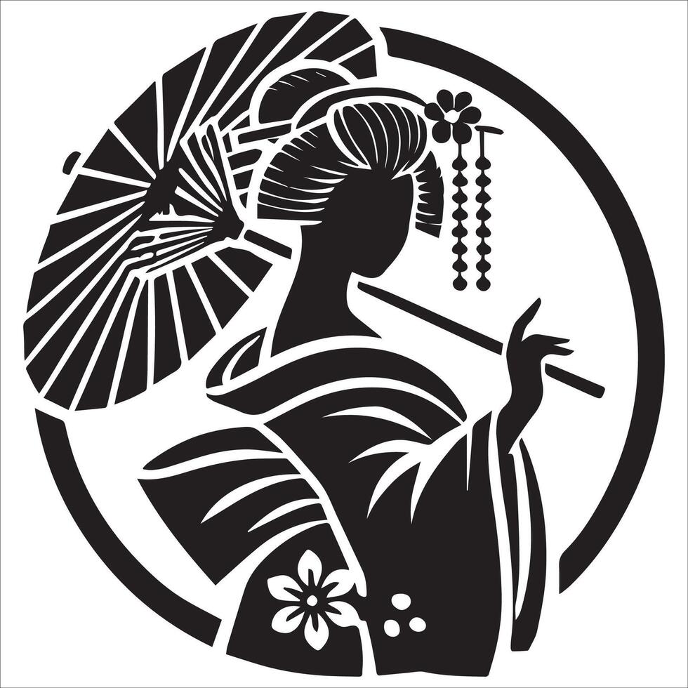 a black and white image of a woman in a kimono. vector