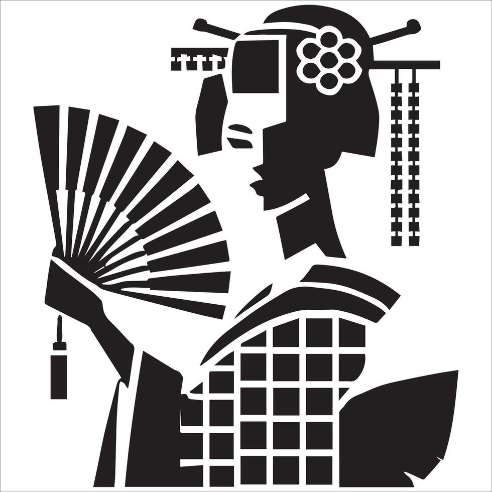 a woman with an indian head on her head and an fan in the background. vector