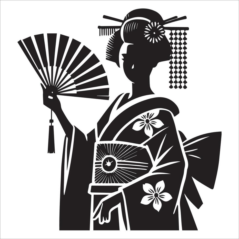 a woman holding a fan that has flowers on it vector