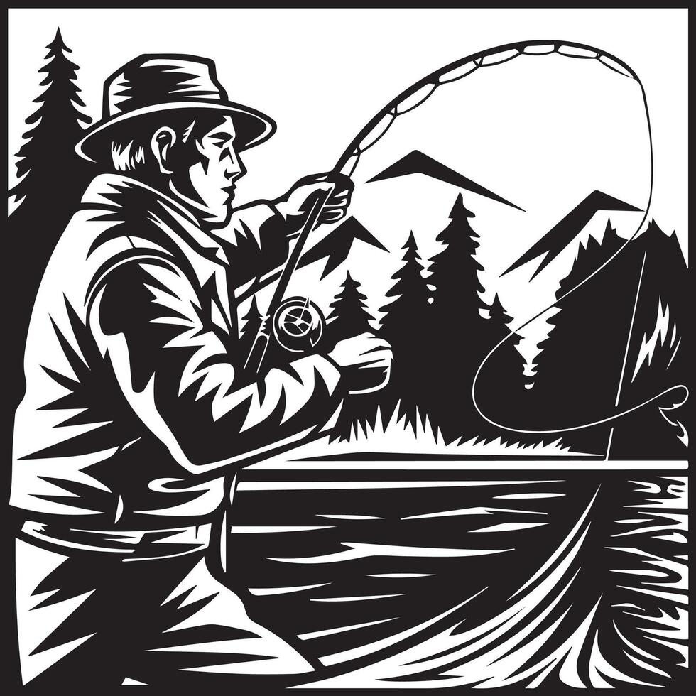 Dynamic Angler Casting Line Art. vector