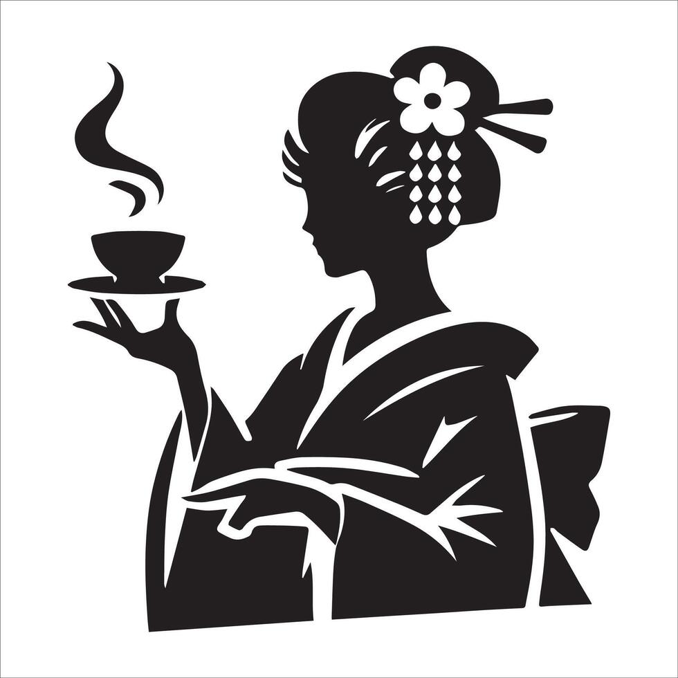 a woman holding a tray with a woman holding a tray of tea. vector