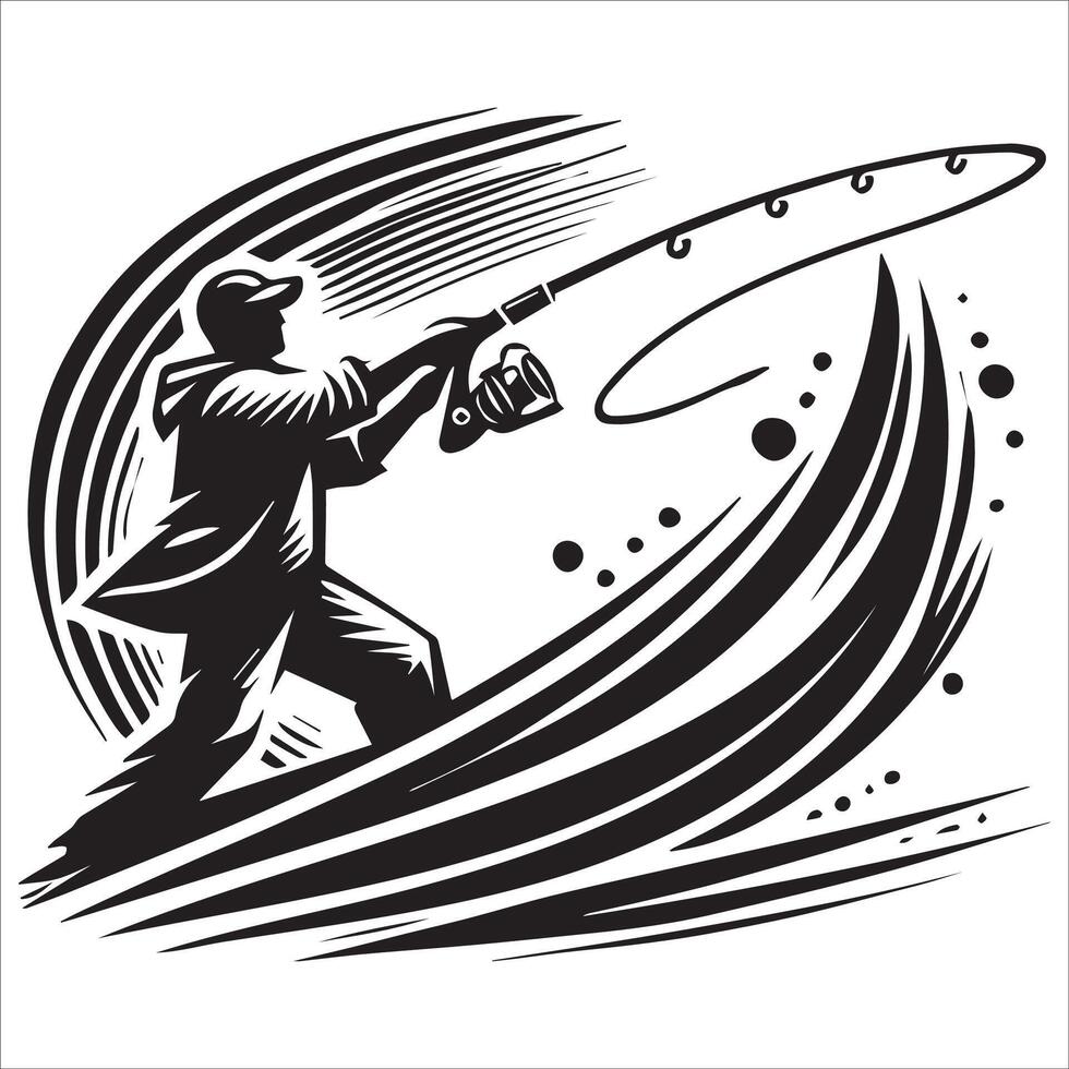 Fisherman Silhouette Casting a Line . vector
