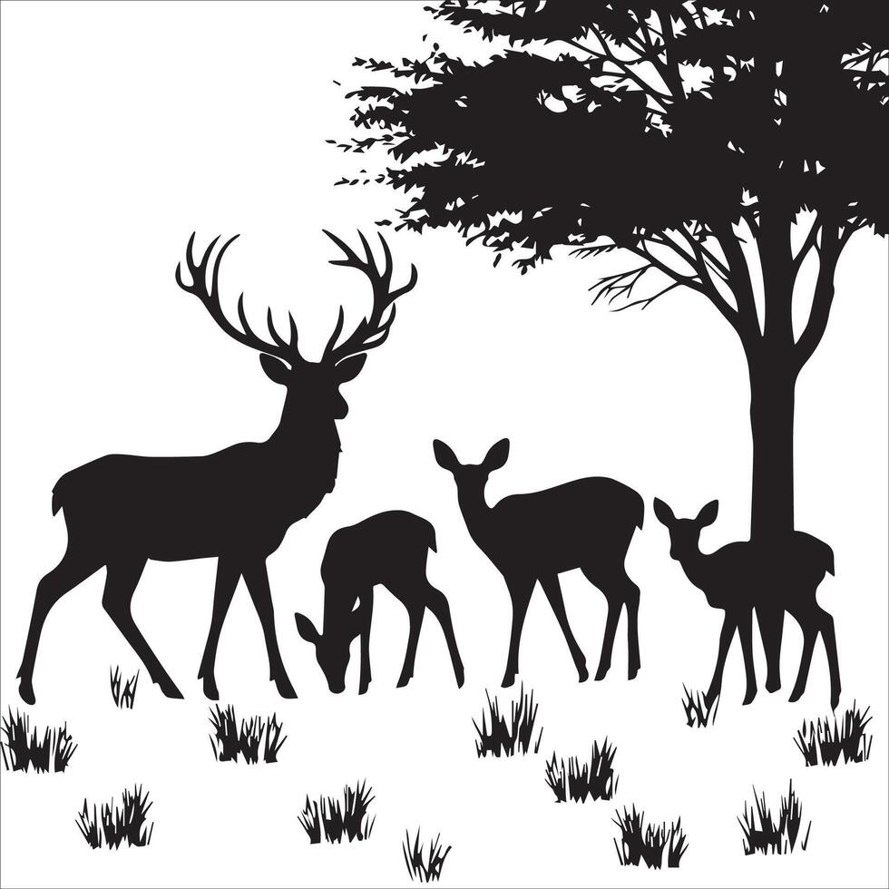 Group of Deer Grazing in a Meadow Silhouette vector
