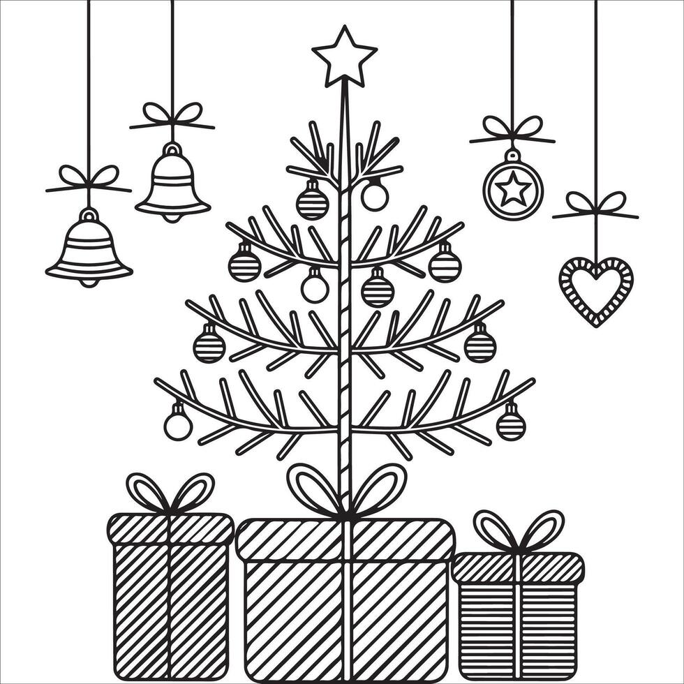 Black and White Christmas Tree and Ornaments vector