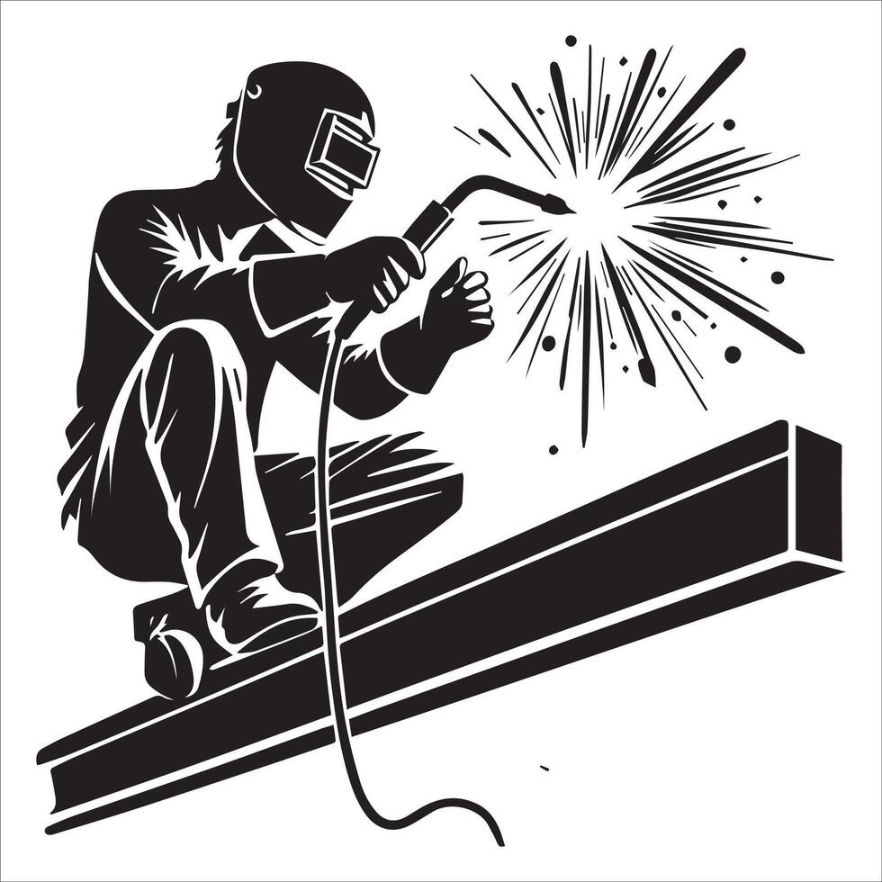 Welder Resting on Steel Beam in Silhouette vector