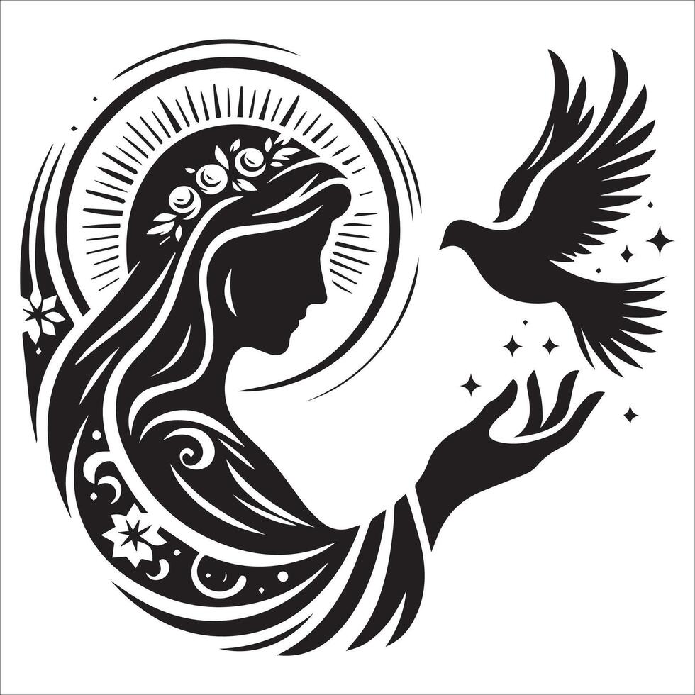 Sacred Virgin Mary Surrounded by Doves Illustration vector
