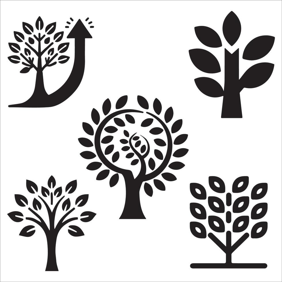 Black-and-White Tree and Leaves Line Art Set vector