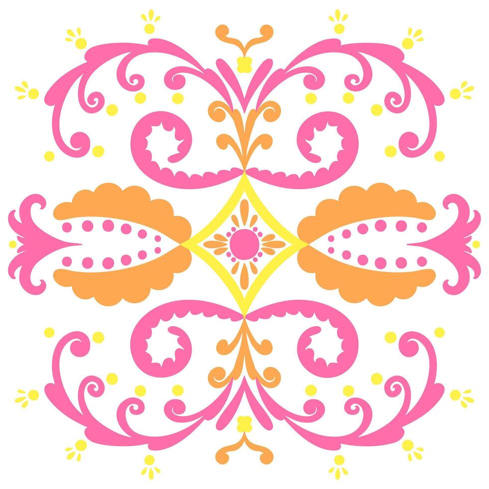 Ornamental tile design in pink, orange and yellow. Ornament, ceramic motif, patchwork, mosaic vector