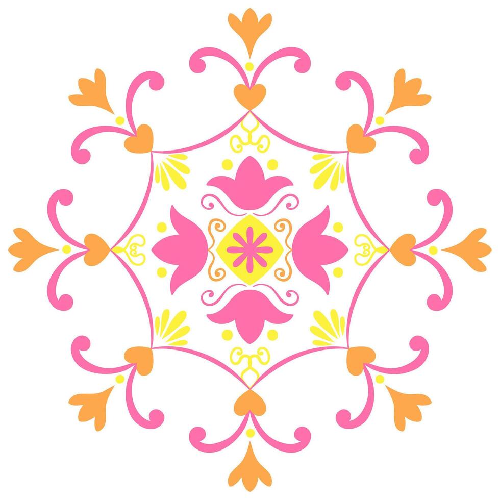 Design element in pink, orange and yellow. Ornament, ceramic motif, patchwork, mosaic, mandala vector
