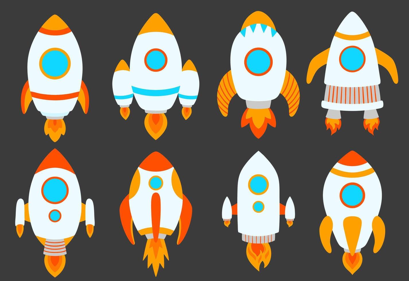 Kids rockets set of illustrations. Spacecraft types, jet, spaceship galaxy design for children vector