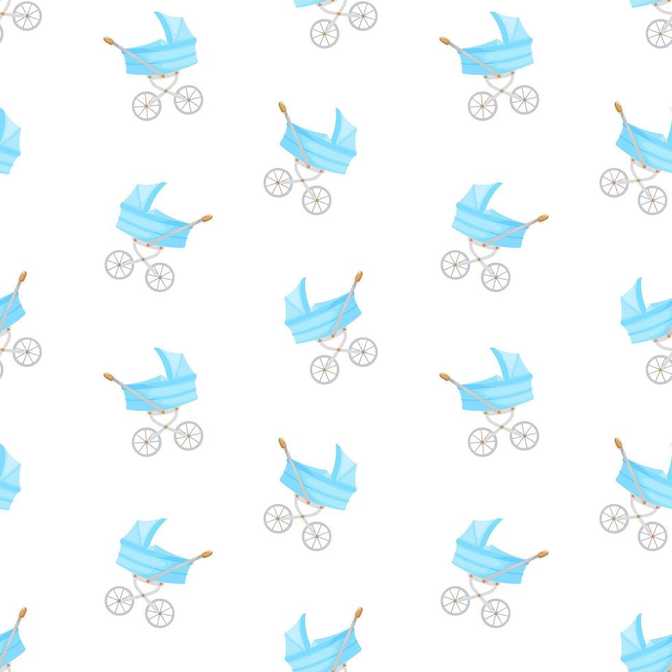 Blue baby stroller seamless pattern. Perambulator, pram, pushchair background, packaging vector