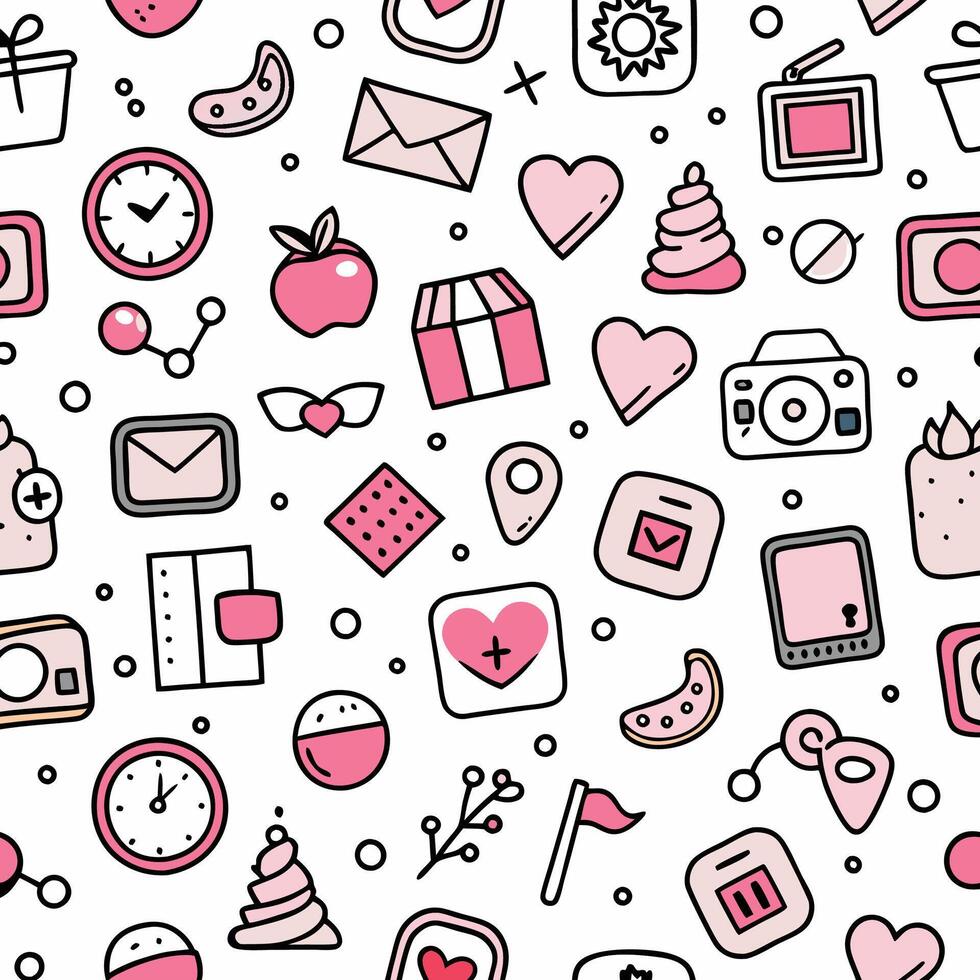 a pink and white pattern with various items vector