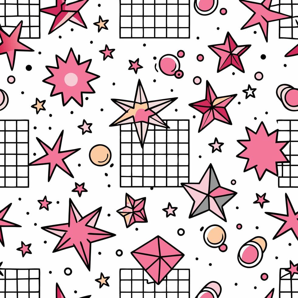 a pink and white pattern with stars and squares vector
