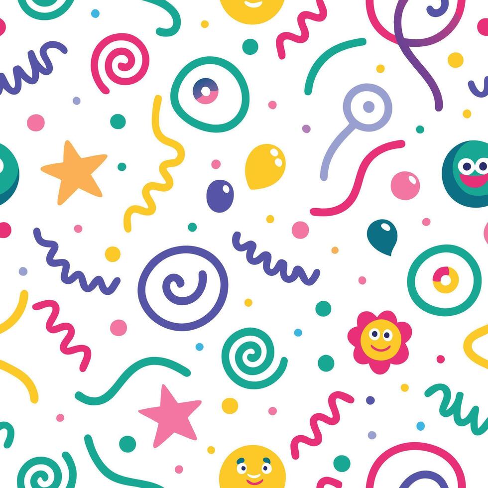 a colorful pattern with balloons, stars and other objects vector