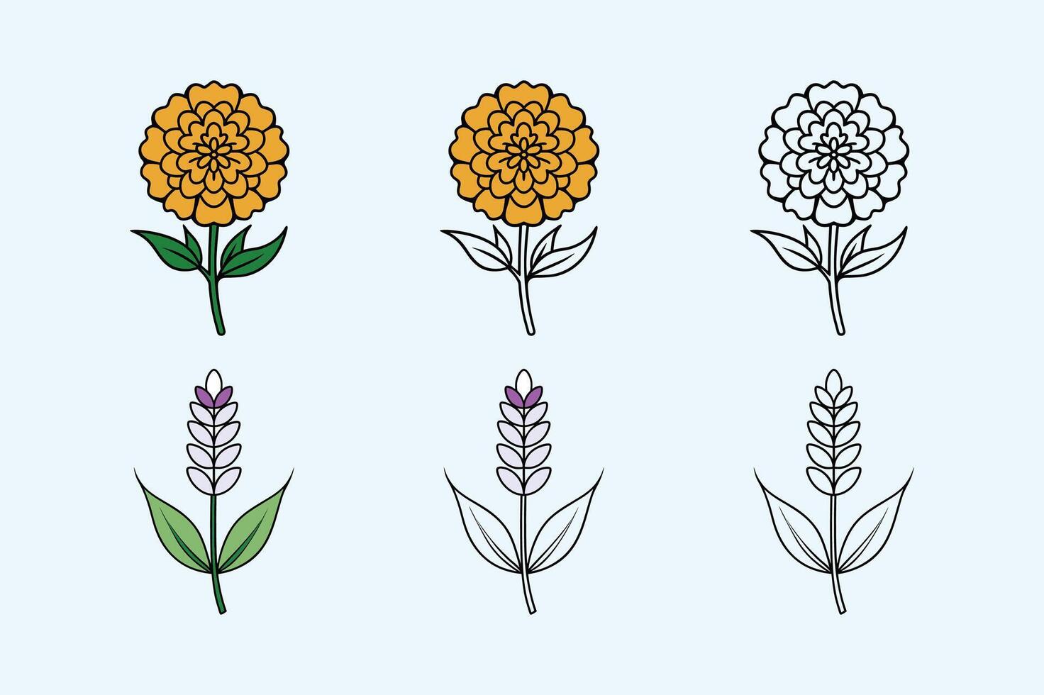 Three Style Lavender and Marigold Flower Art Pack vector