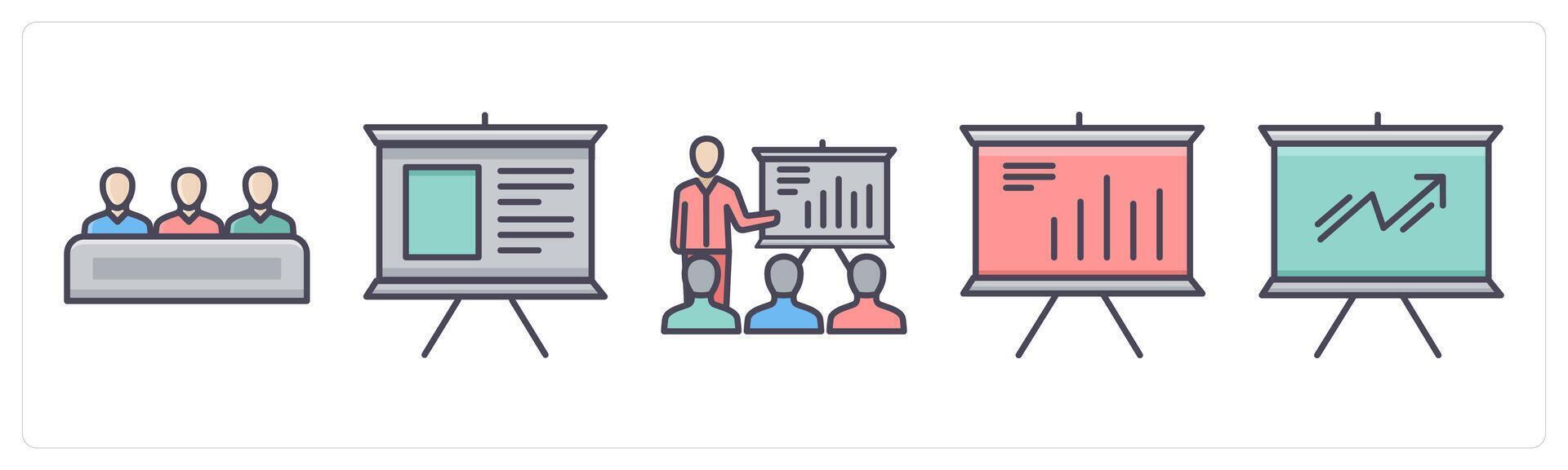A set of 5 Business icons as meeting, presentation board, board presentation vector